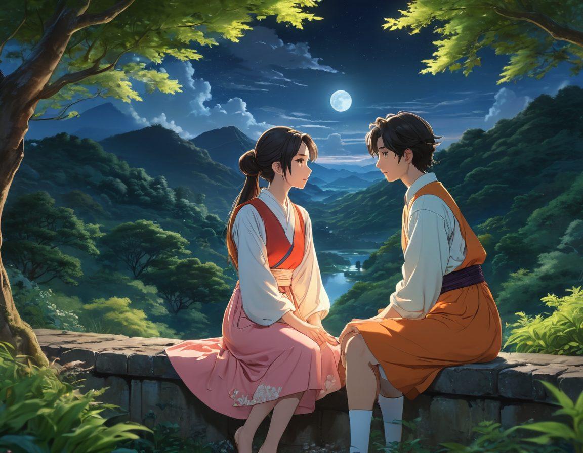 A captivating scene featuring a lush, vibrant anime-style landscape, where two characters are engaged in a deep, intimate conversation under a moonlit sky. The artwork should emphasize their expressions and emotions, showcasing mature themes through their body language and attire. Incorporate elements of modern animation, such as dynamic colors and fluid movement, to create an inviting atmosphere. Include subtle hints of fantasy and sensuality to reinforce the title's theme. super-realistic. vibrant colors. anime style.